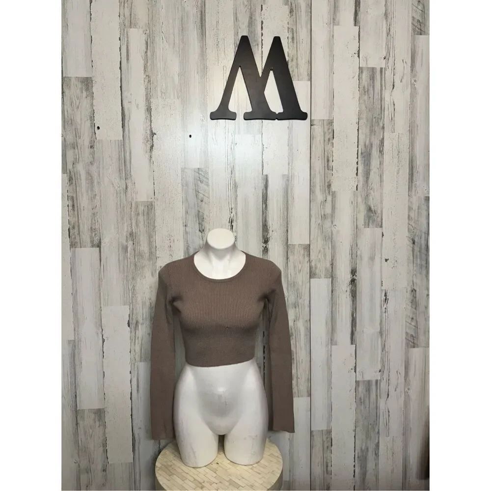Zara Ribbed Long Sleeve Crop Top Brown Size M Crew Neck Knit Casual